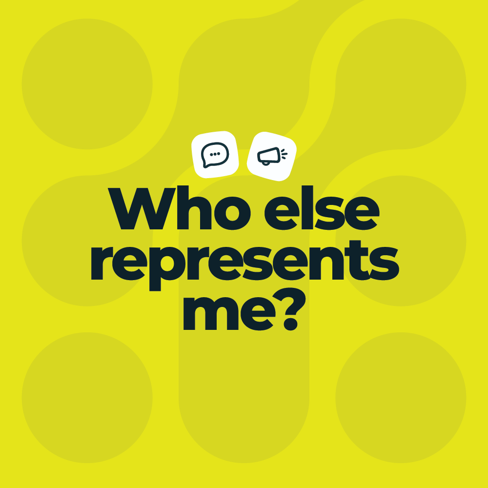 Bold text reading “Who else represents me?” with speech and megaphone icons on a lime-green patterned background.